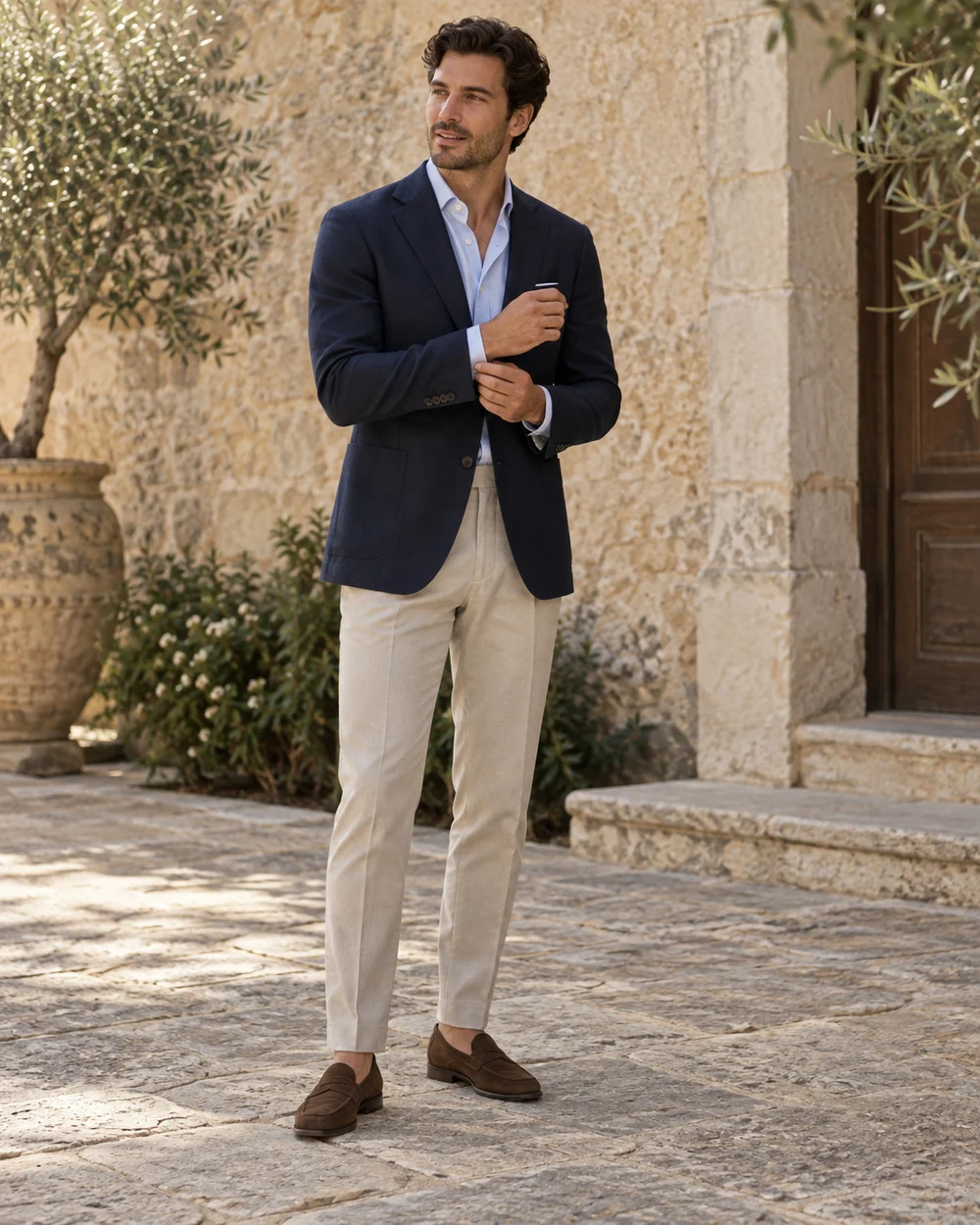 Man wearing a navy blazer, light-blue shirt, stone trousers, and brown loafers in a sunlit stone courtyard