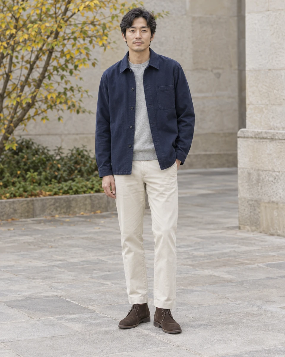 A navy overshirt layered with a fine gray knit and light chinos.