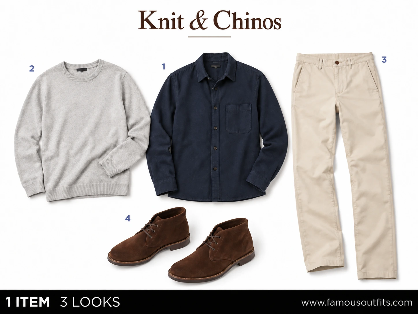 Knit & Stone Chinos: titled flat-lay illustration of navy overshirt + gray knit + stone chinos + suede boots, with four numbered shoppable pieces.