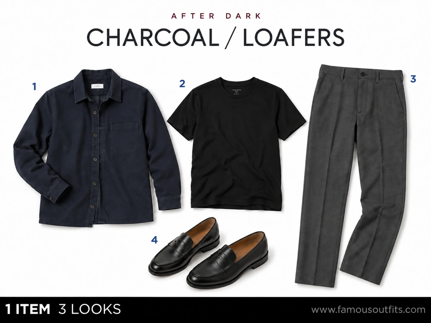 Charcoal & Loafers: titled flat-lay illustration of navy overshirt + black tee + charcoal trousers + black loafers, with four numbered shoppable pieces.