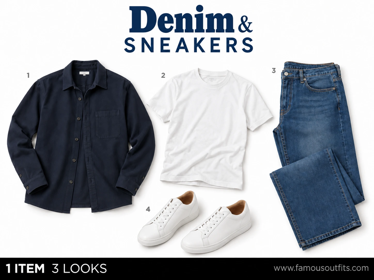Denim & Sneakers: titled flat-lay illustration of navy overshirt + white tee + blue jeans + white sneakers, with four numbered shoppable pieces.