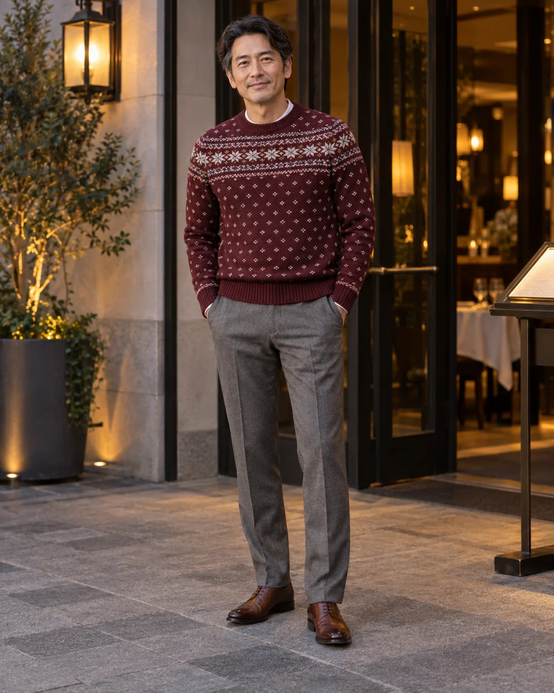 Middle-aged East Asian man in a burgundy Fair Isle knit with gray trousers and brown leather shoes outside a restaurant