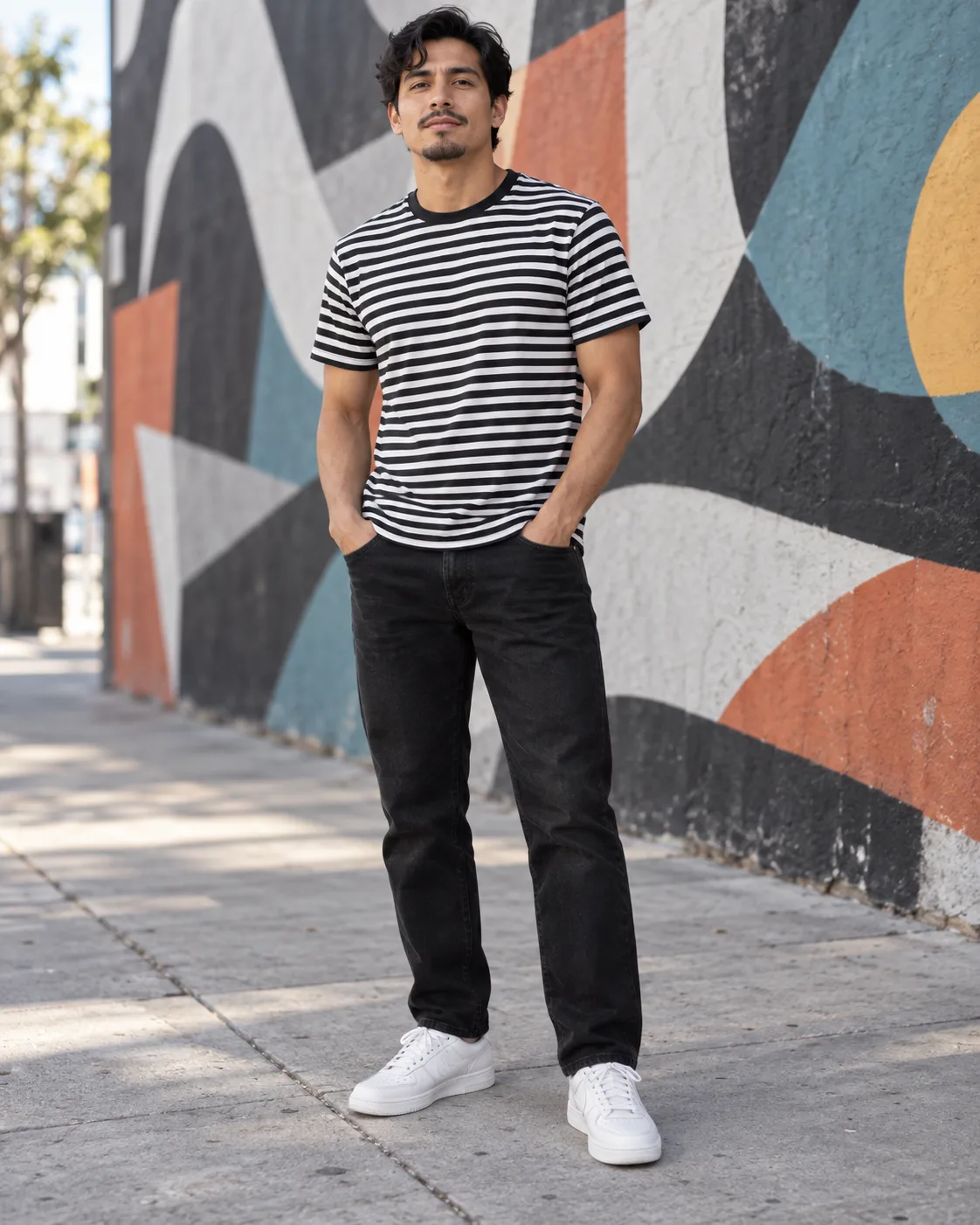 Latino man in a black-and-white horizontal striped shirt with black jeans and white sneakers