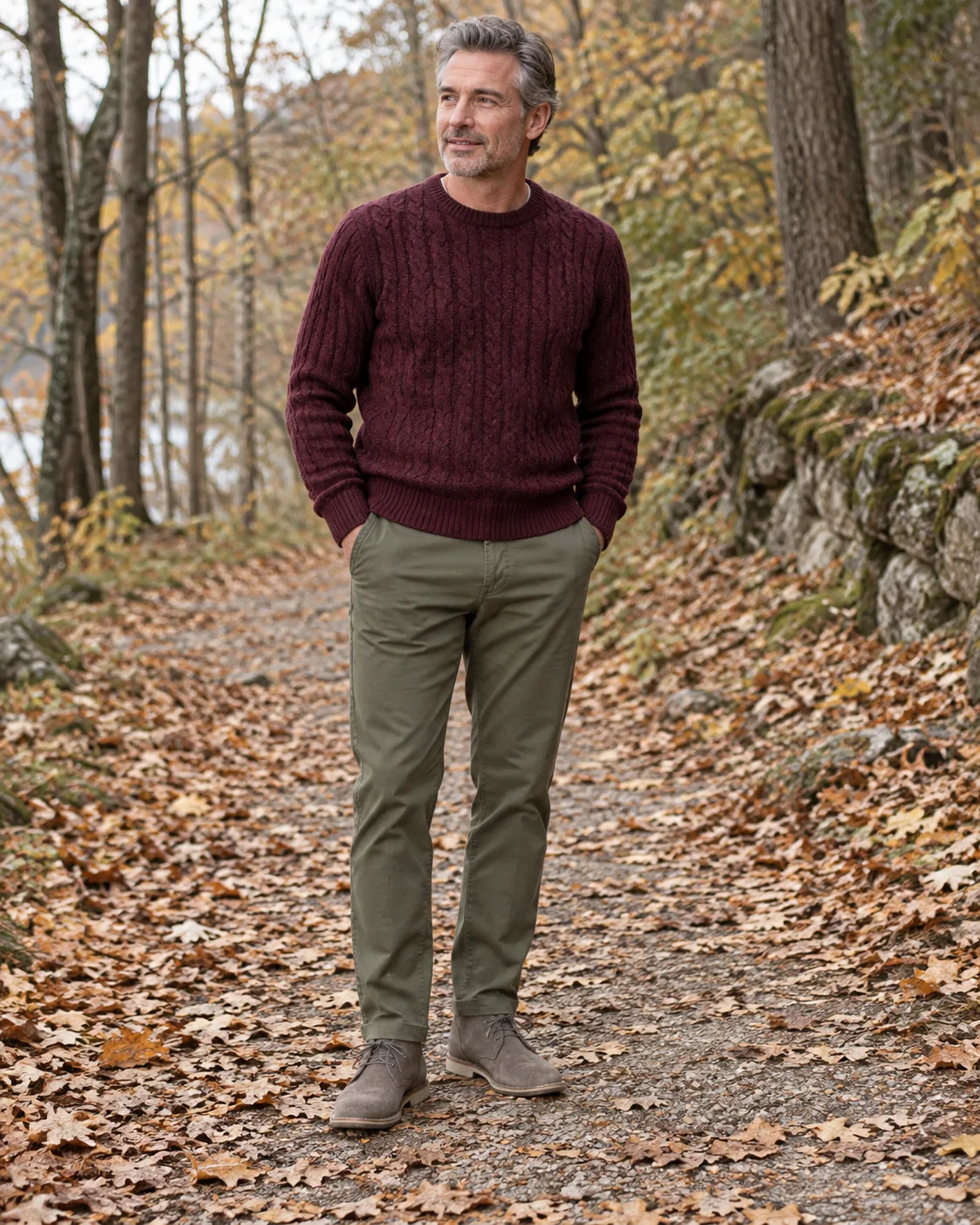 Mature man in a burgundy cable-knit sweater, olive chinos and gray suede chukka boots on a fall path