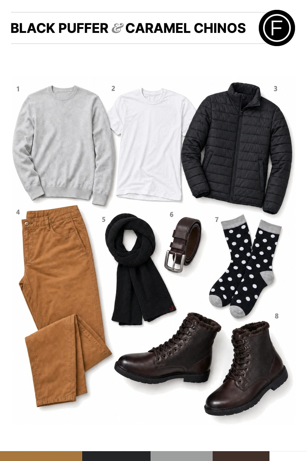 Adam Brody’s Black Puffer & Caramel Chinos Outfit