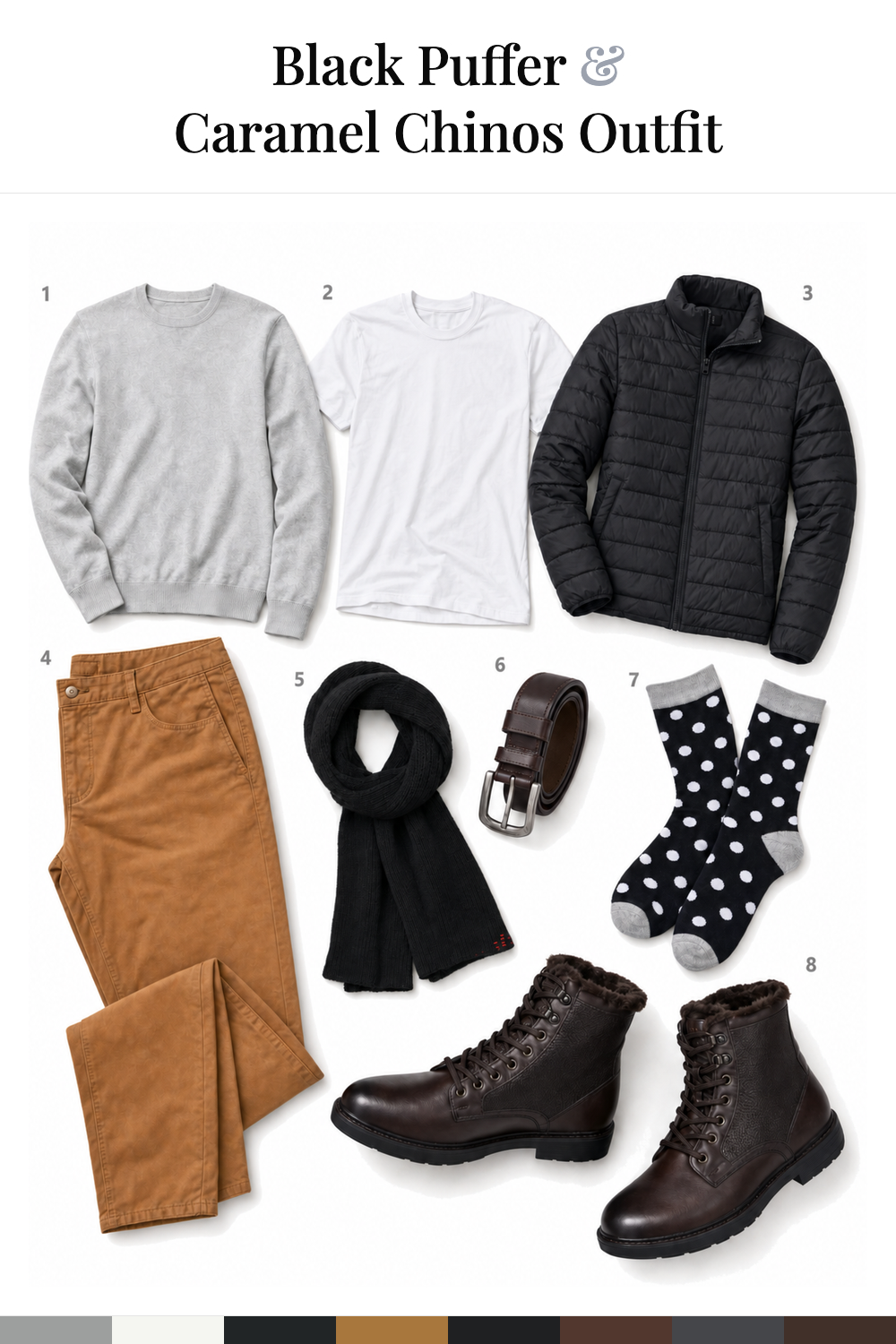 Adam Brody’s Black Puffer & Caramel Chinos Outfit