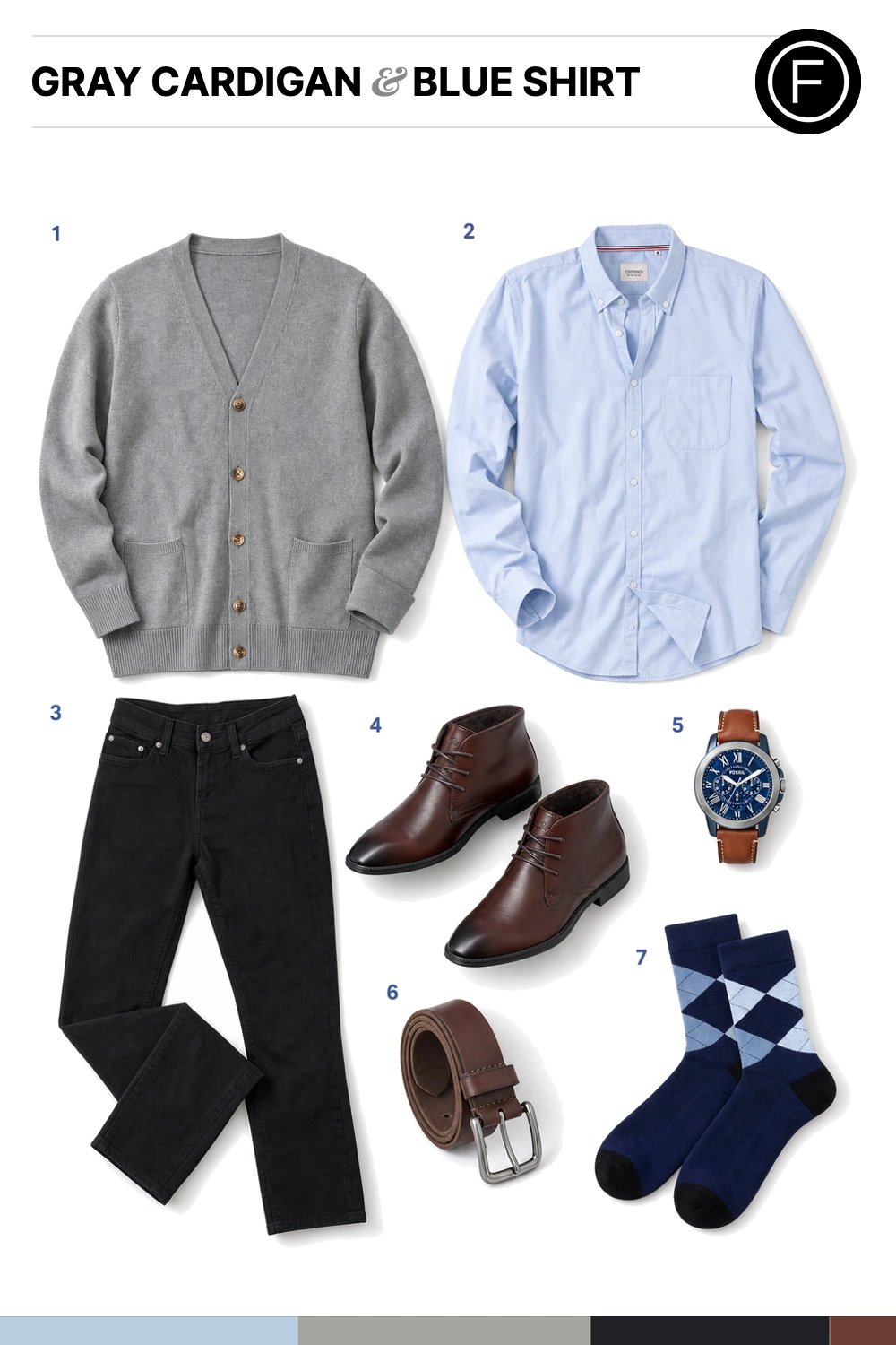 Adam Brody’s Gray Cardigan & Blue Shirt Outfit