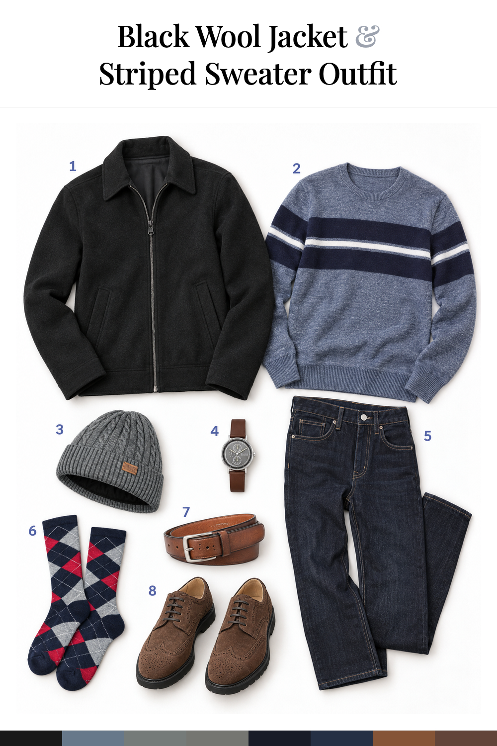 Ben Affleck’s Black Wool Jacket & Striped Sweater Outfit