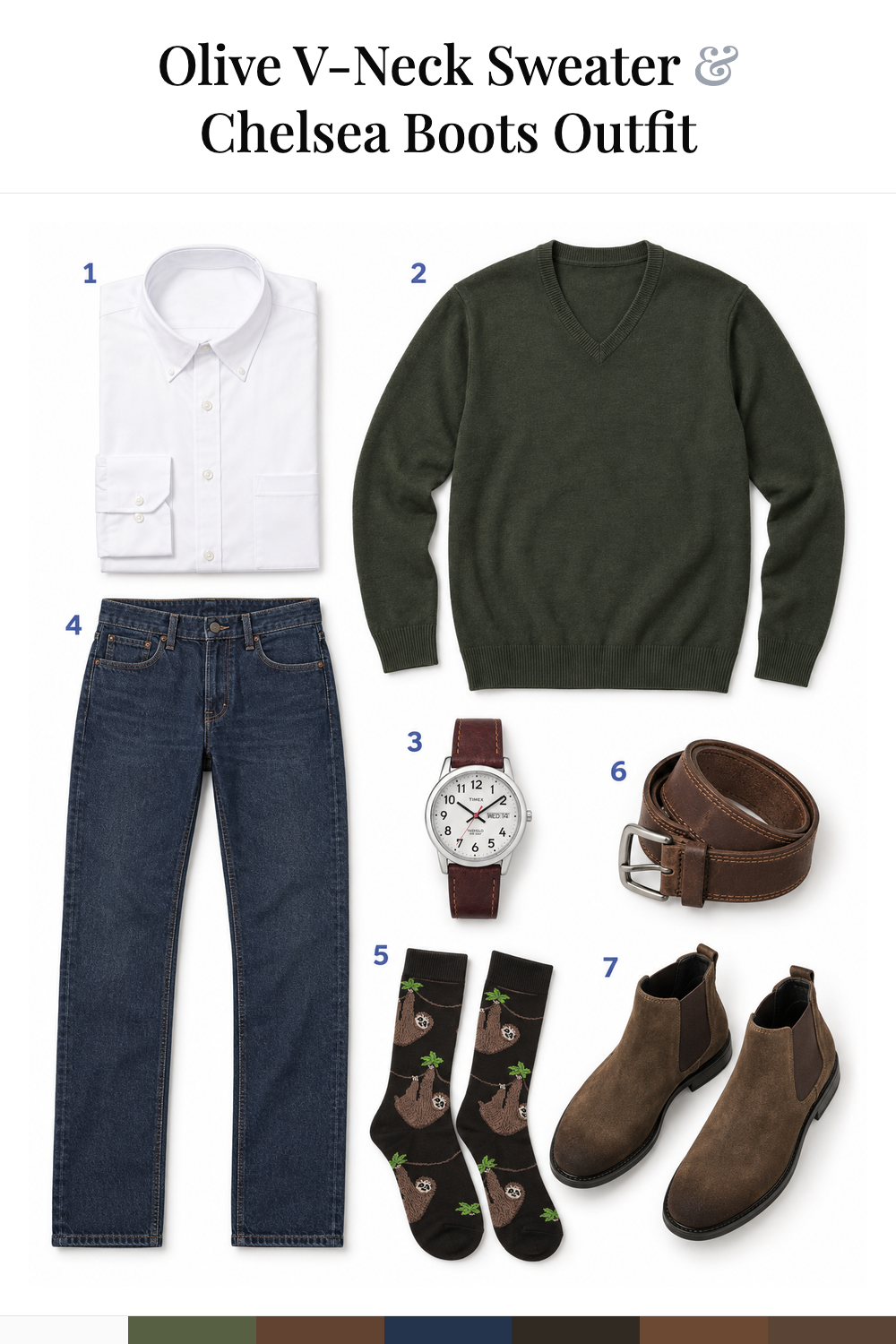 Ben Affleck’s Olive V-Neck Sweater & Chelsea Boots Outfit