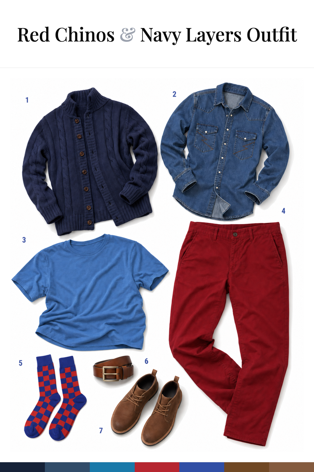Bret McKenzie’s Red Chinos & Navy Layers Outfit