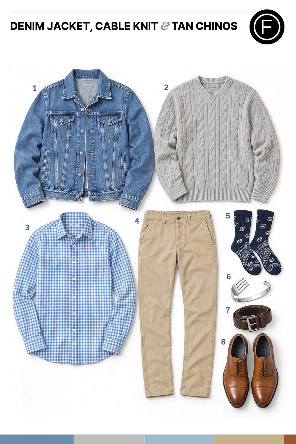 Colton Haynes’s Denim Jacket, Cable Knit & Tan Chinos Outfit
