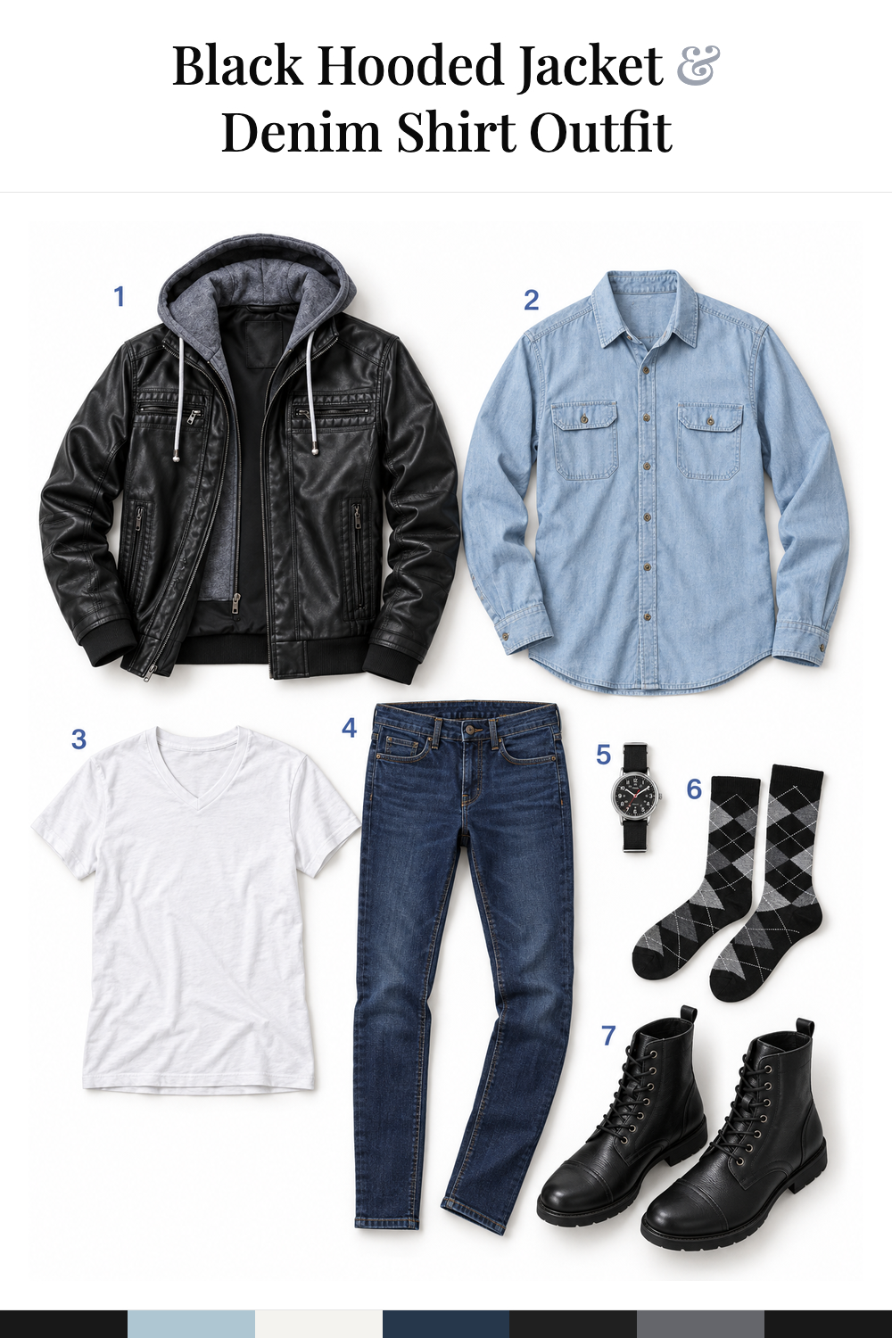 Dave Franco’s Black Hooded Jacket & Denim Shirt Outfit