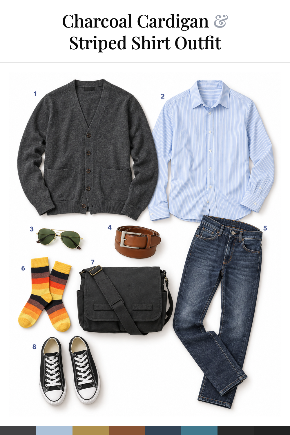 Elijah Wood’s Charcoal Cardigan & Striped Shirt Outfit