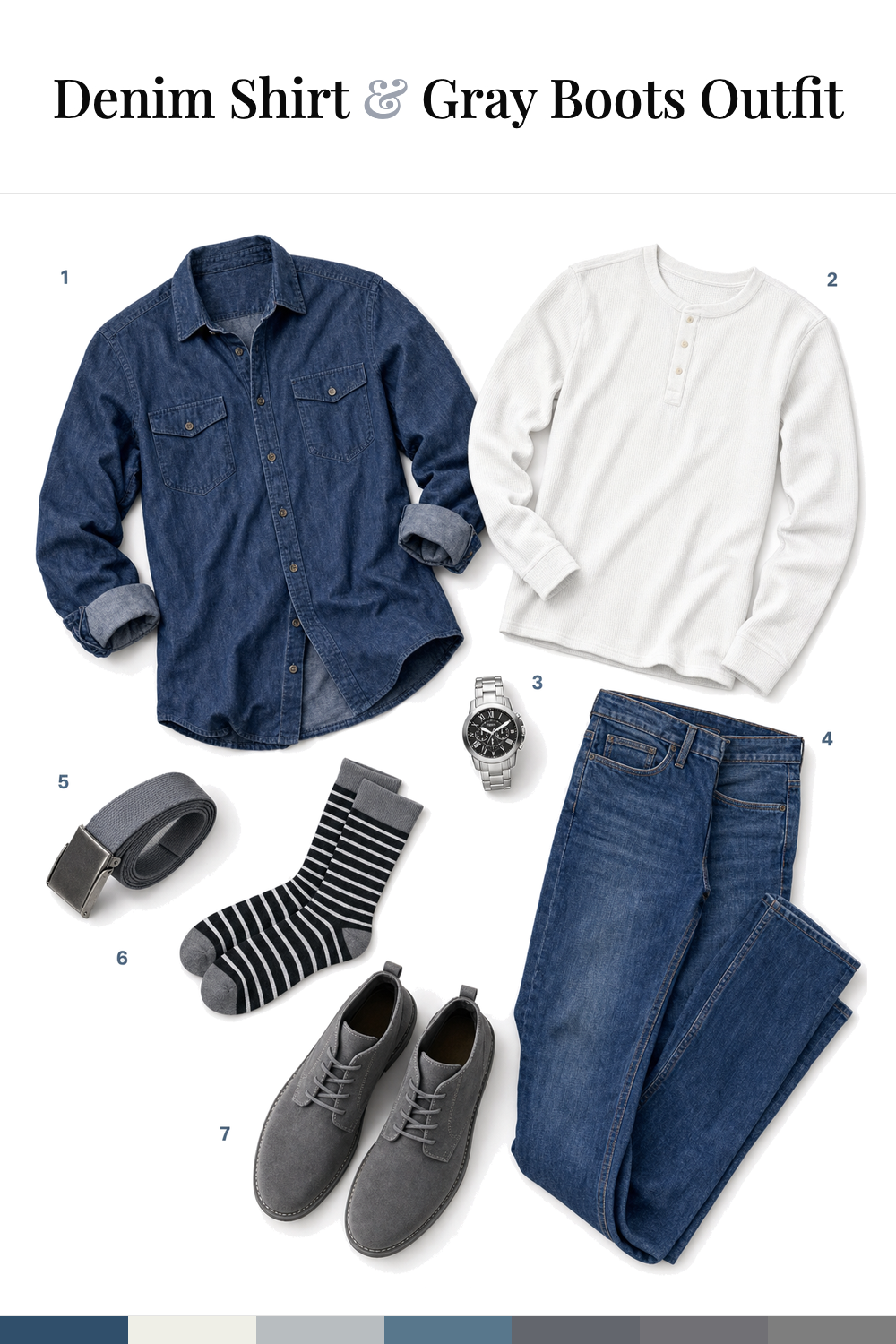 Gary Barlow’s Denim Shirt & Gray Boots Outfit