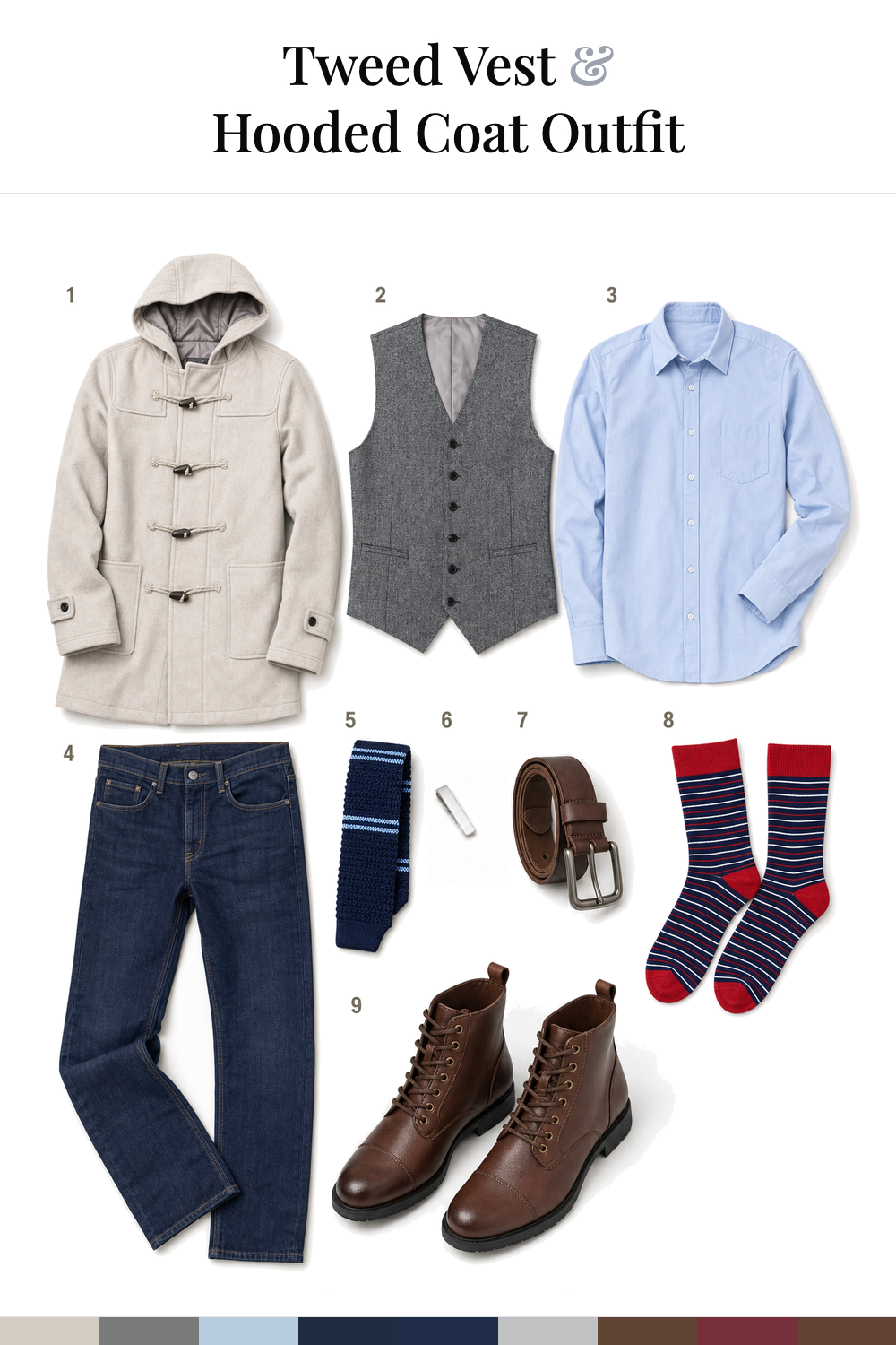 Jason Sudeikis’s Tweed Vest & Hooded Coat Outfit
