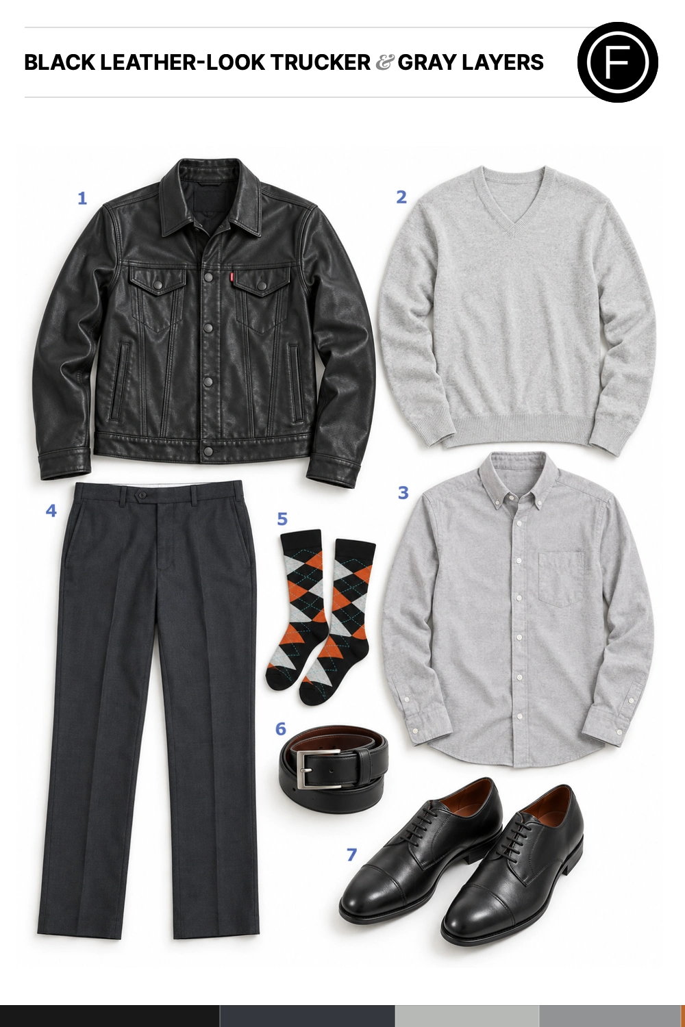 Justin Timberlake’s Black Leather-Look Trucker & Gray Layers Outfit