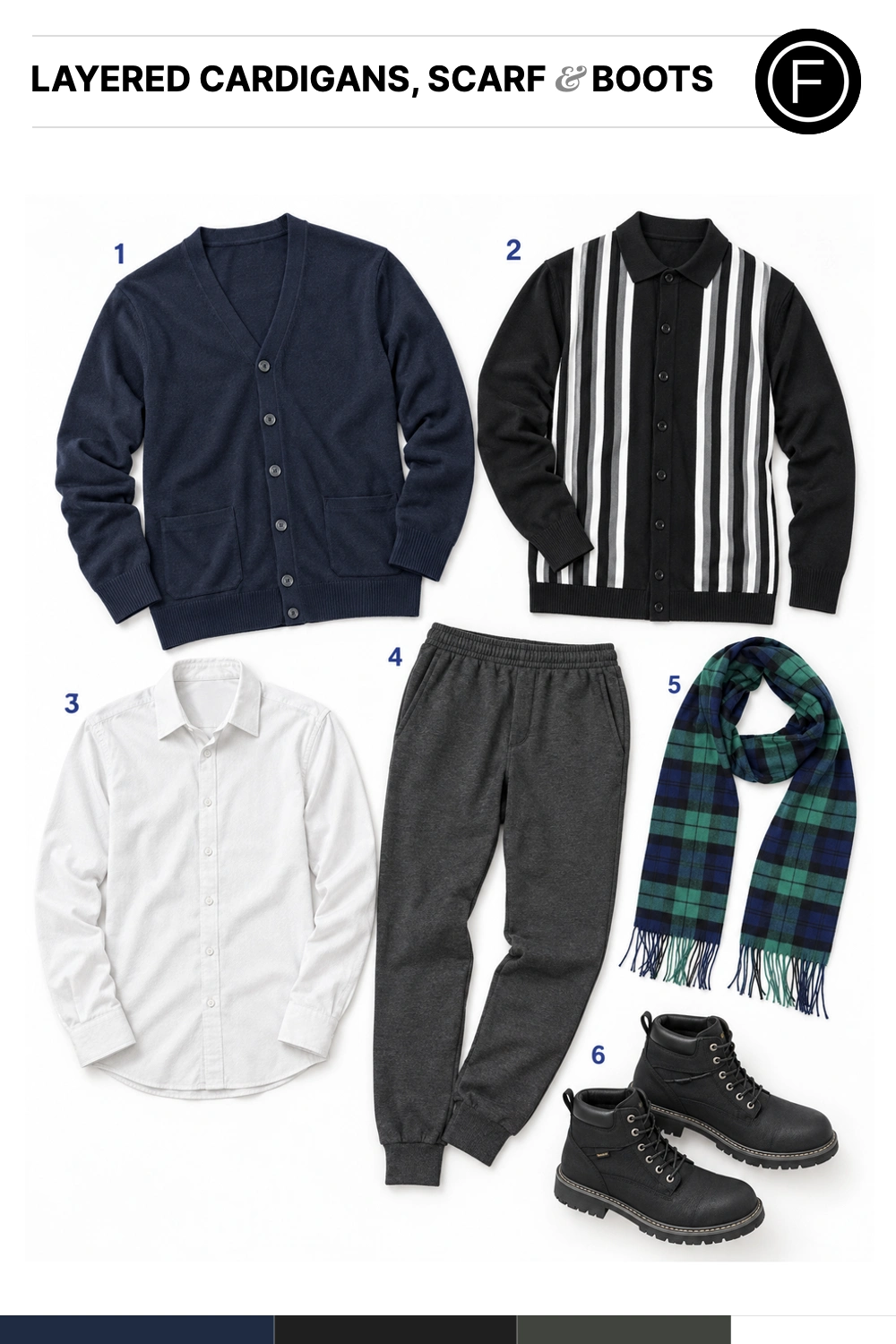 Osamu Mukai’s Layered Cardigans, Scarf & Boots Outfit