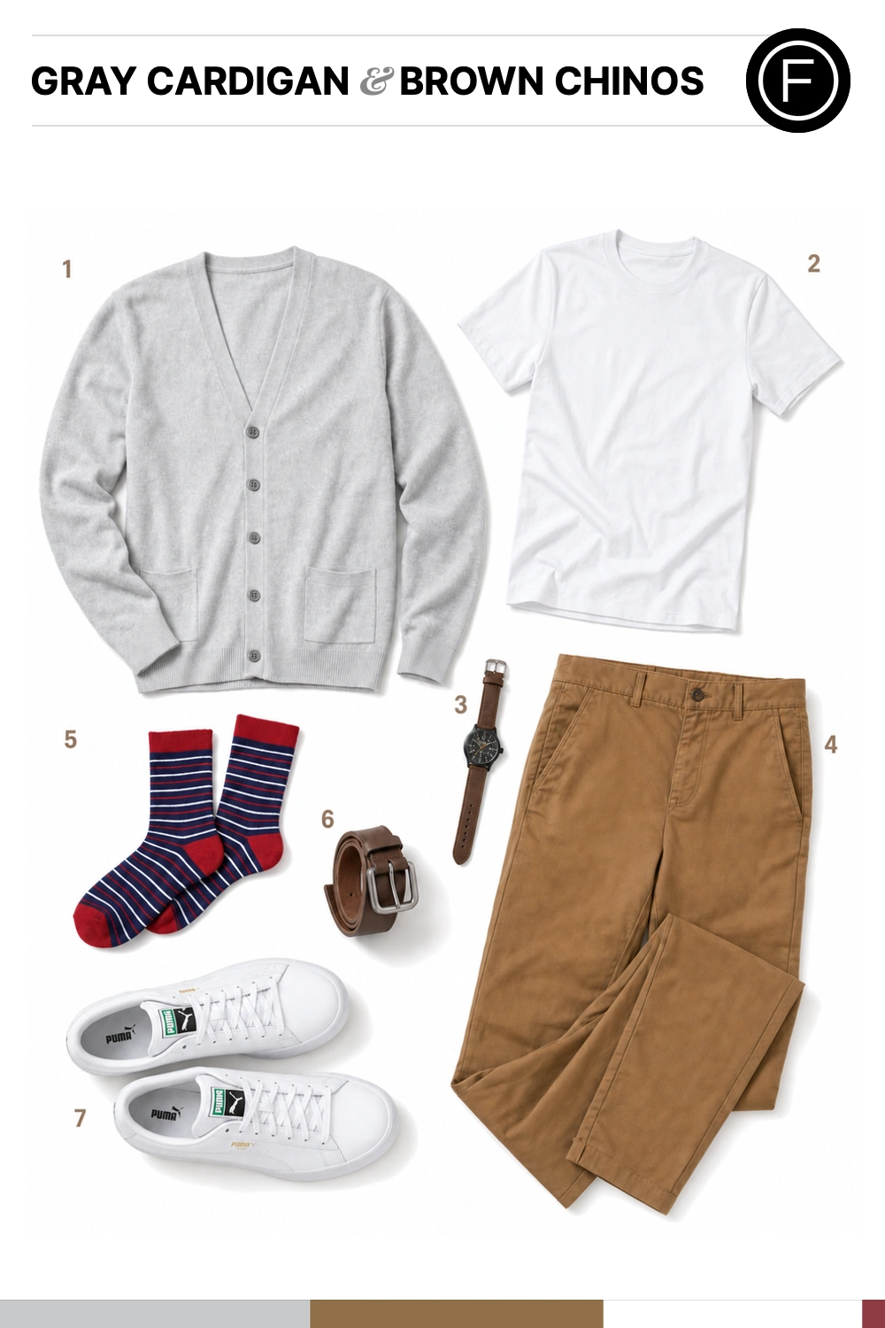 Patrick J. Adams’s Gray Cardigan & Brown Chinos Outfit