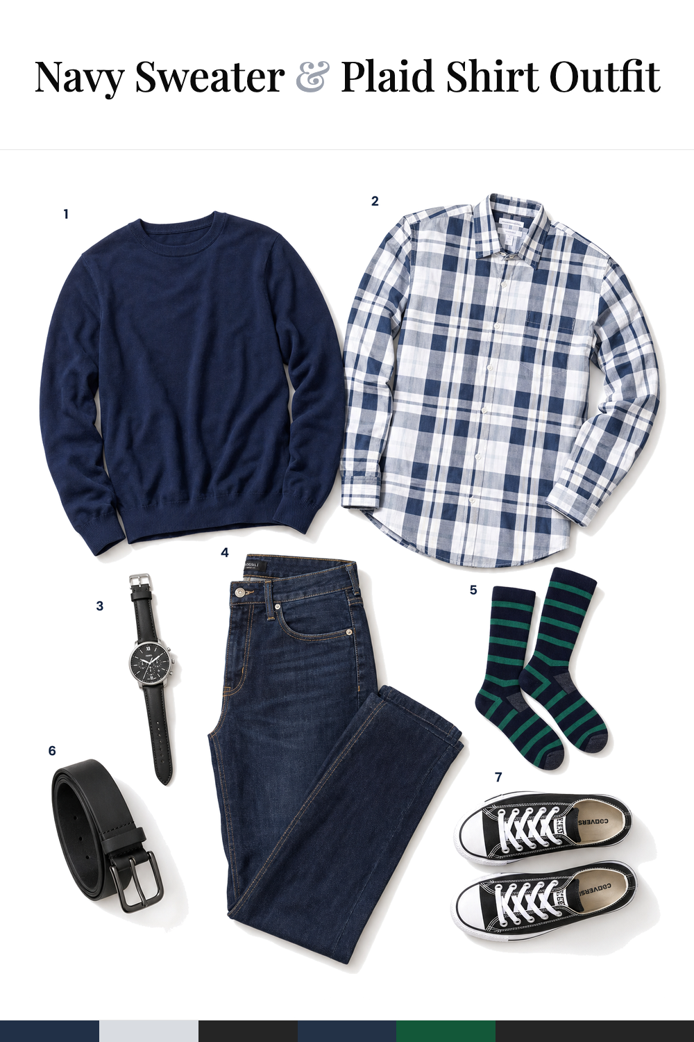Paul Rudd’s Navy Sweater & Plaid Shirt Outfit