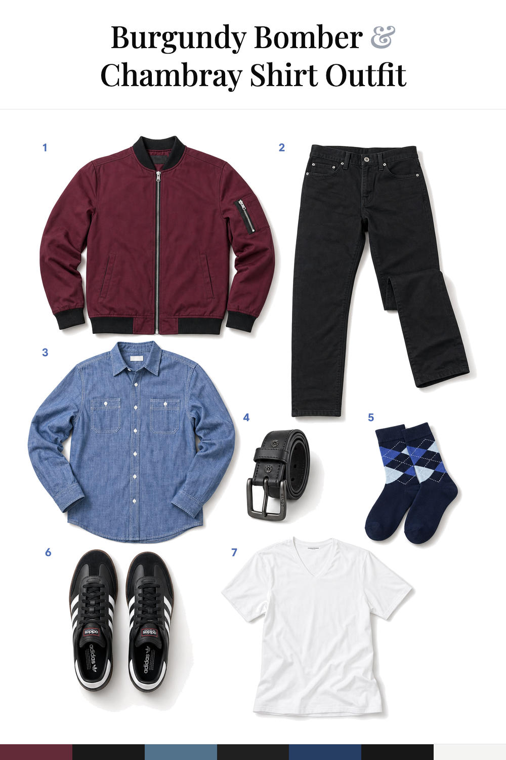 Robert Pattinson’s Burgundy Bomber & Chambray Shirt Outfit