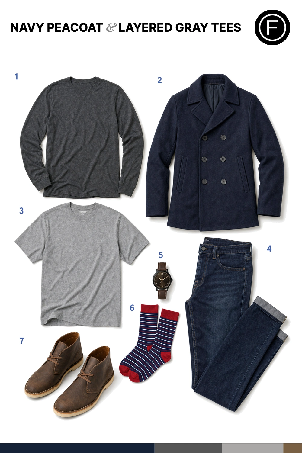 Stephen Amell’s Navy Peacoat & Layered Gray Tees Outfit