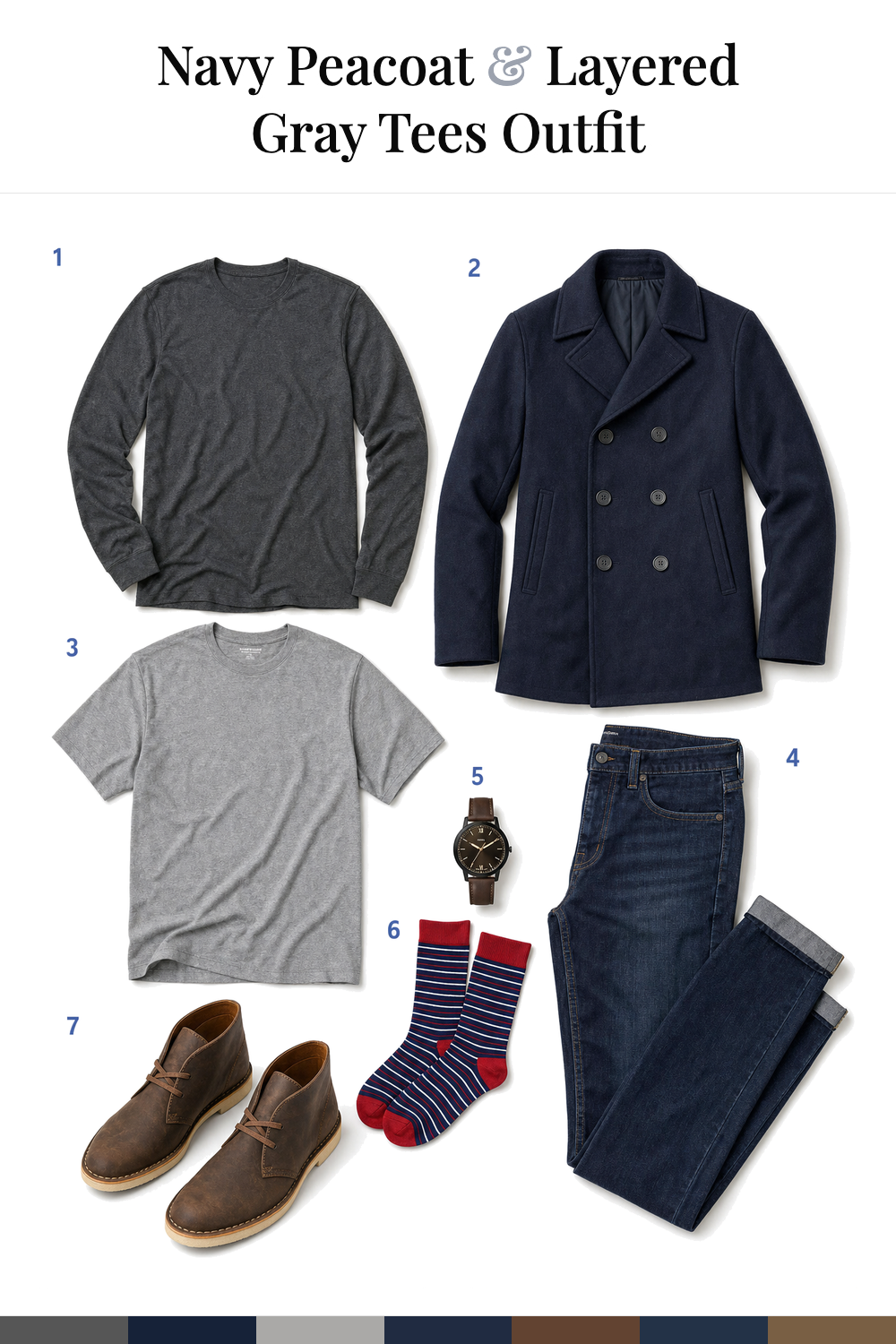 Stephen Amell’s Navy Peacoat & Layered Gray Tees Outfit
