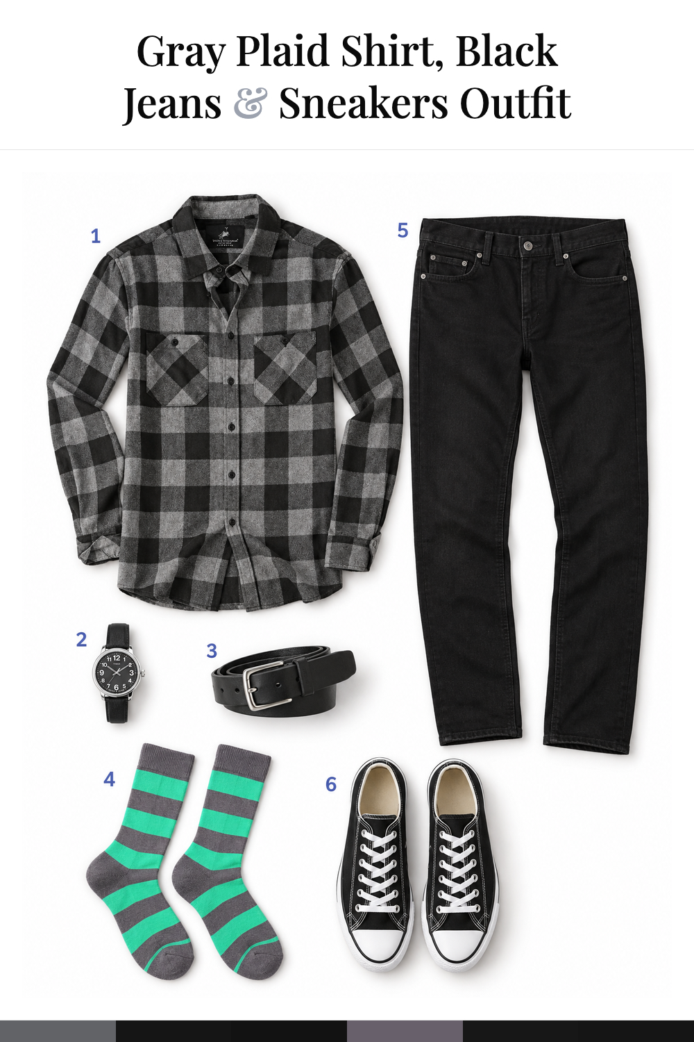 Theo James’s Gray Plaid Shirt, Black Jeans & Sneakers Outfit
