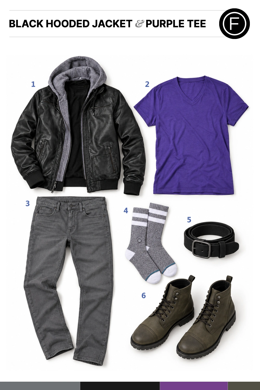 Theo James’s Black Hooded Jacket & Purple Tee Outfit