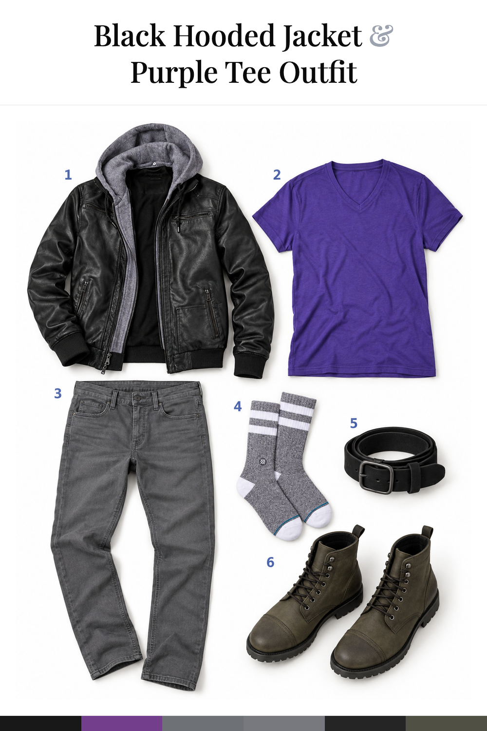 Theo James’s Black Hooded Jacket & Purple Tee Outfit