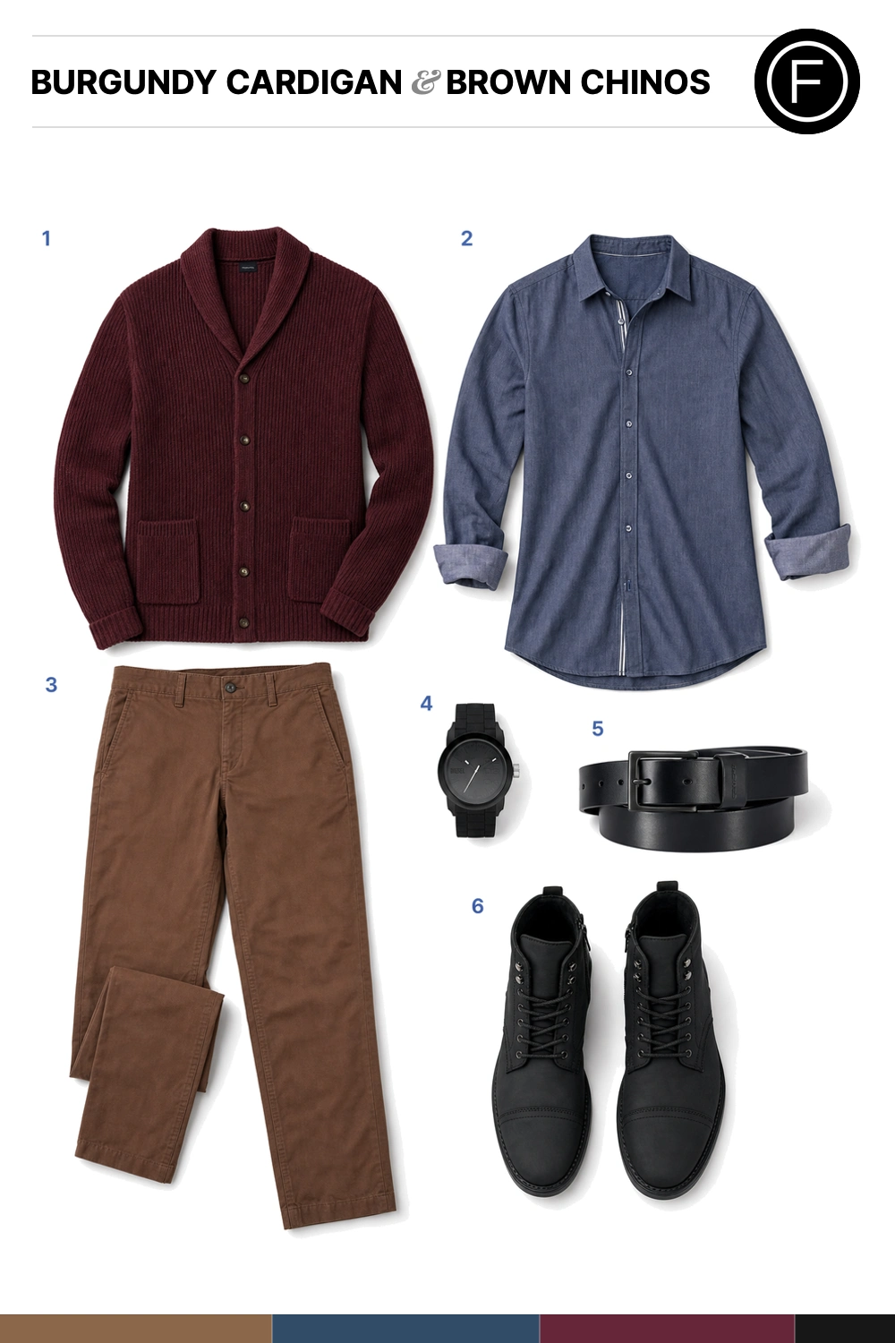 Zac Efron’s Burgundy Cardigan & Brown Chinos Outfit